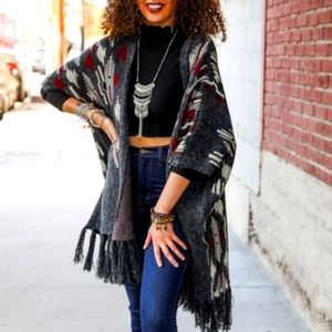 Charcoal Gray Tribal Print Fringed Open Poncho